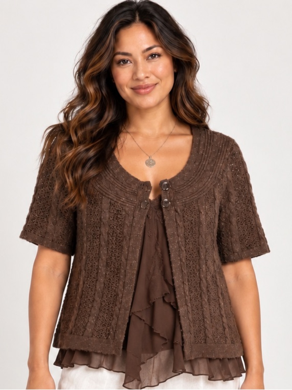 Chocolate vintage Crystal Kobe cable-knit cardigan